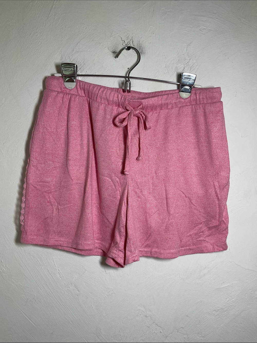 Pink Plush Knit Lounge Shorts Side Lace Trim Drawstring Pockets Size M